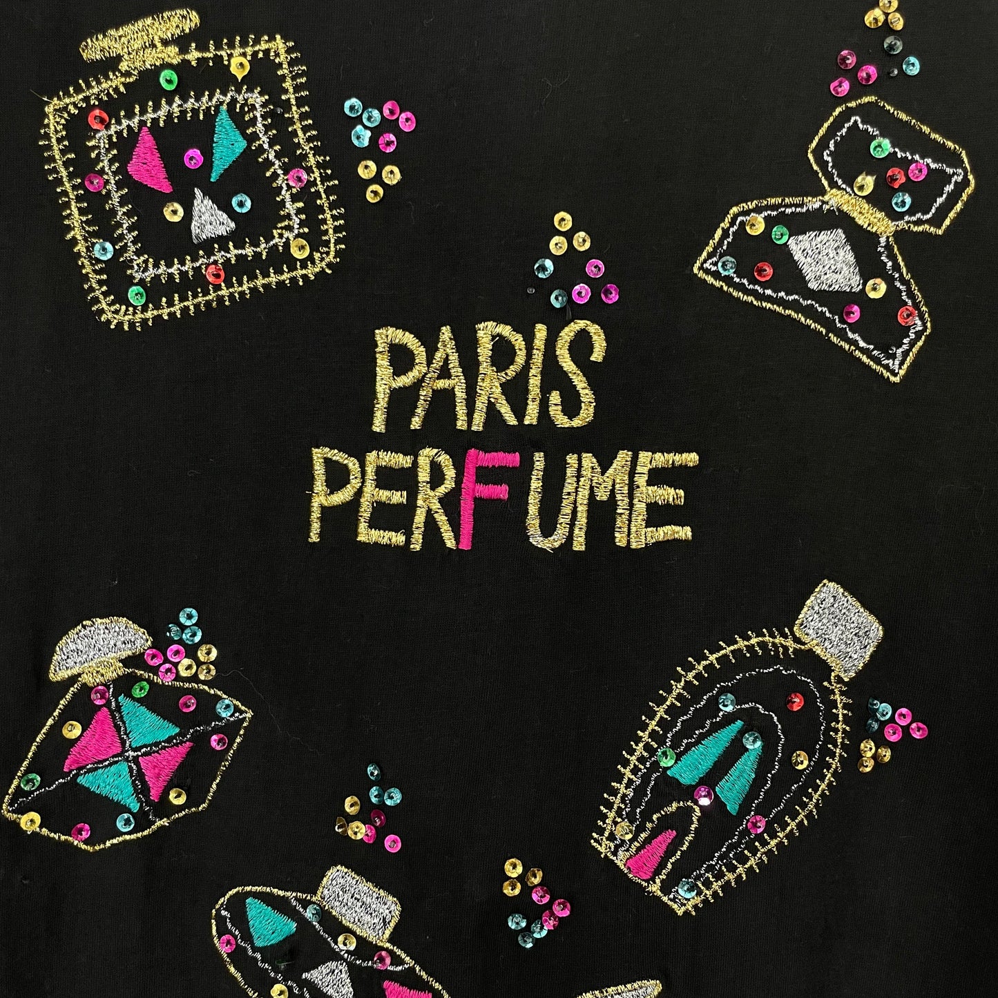 Medium Vintage Debbie Morgan Originals Black Paris Perfume Embroidered Beaded Sequin 90s T-Shirt