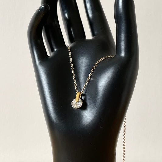 Necklace Vintage Glass Round Cubic Zirconia Drop Gold Tone Pendant