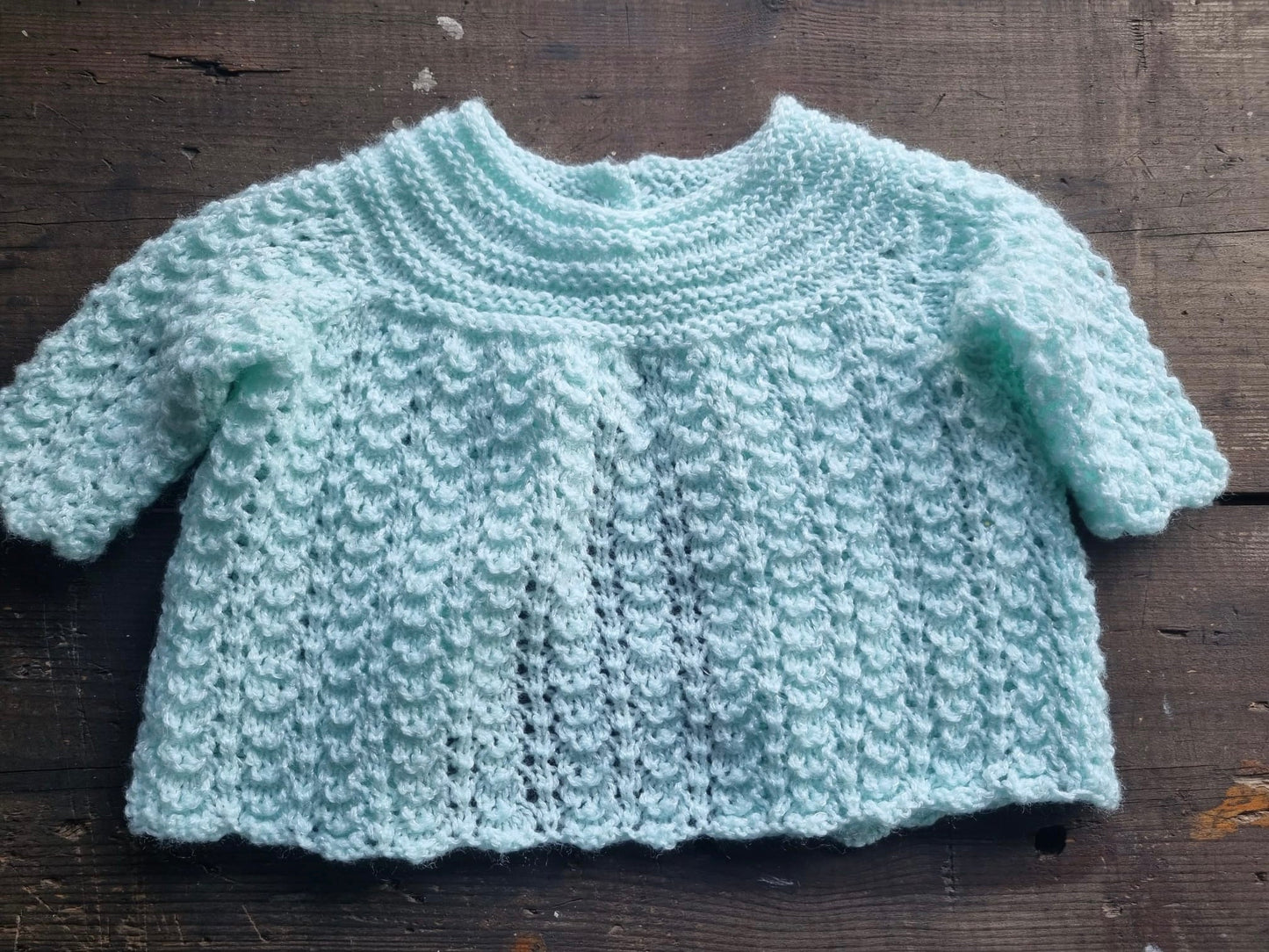 Vintage Light Blue Hand Crocheted Children's Cardigan with White Heart Buttons
