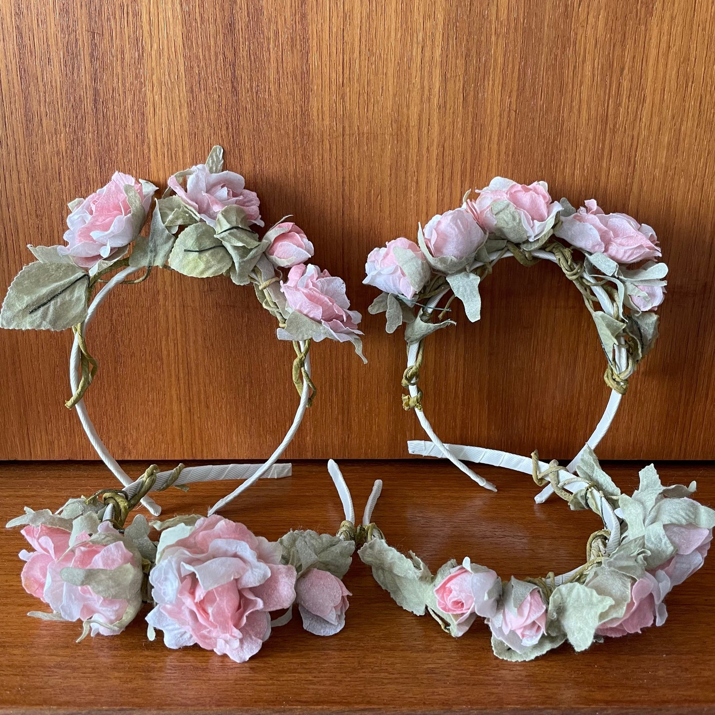 Four Vintage Pink Rose Bridesmaids Headbands Headpieces. Wired Faux Pink Roses with Green Foliage.