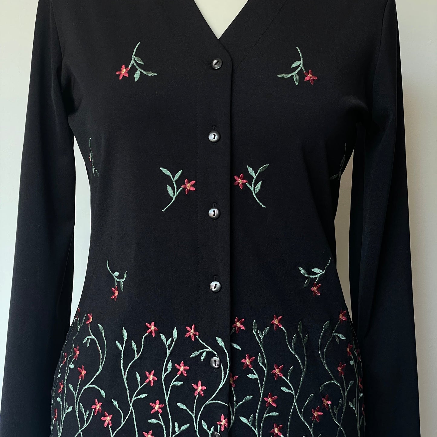 Vintage Black Cardigan with Green and Red Flower Embroidery