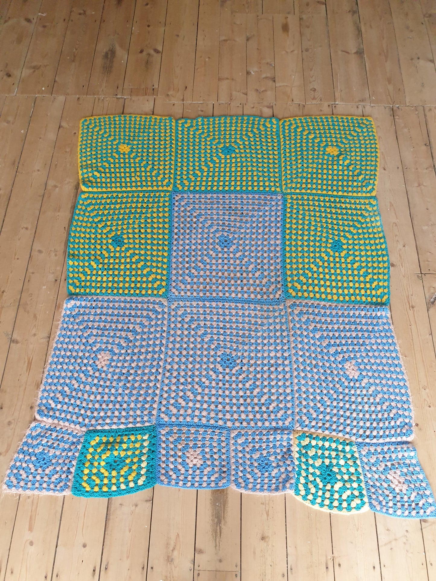 Blue, Yellow and Pink Crochet Blanket