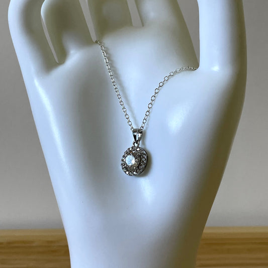 Necklace Vintage Sterling Silver 925 Halo Cubic Zirconia Pendant