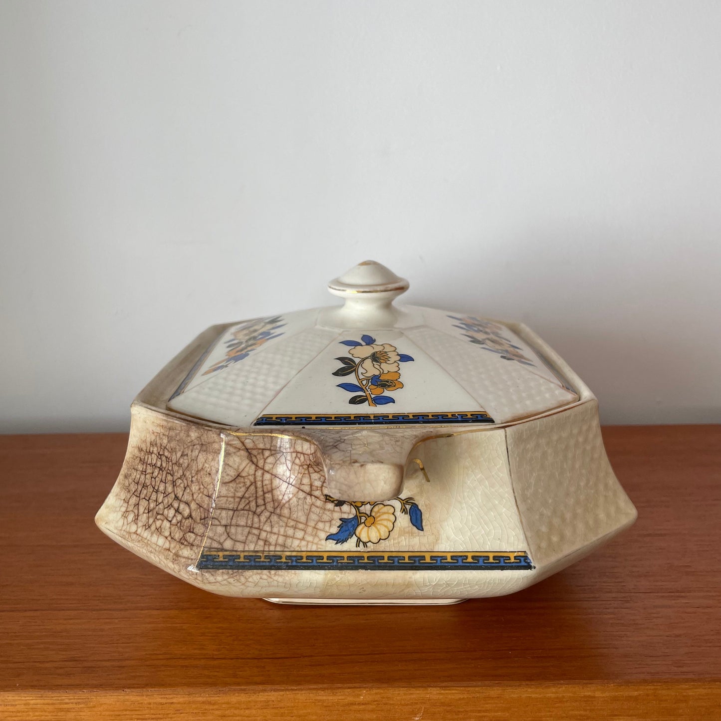 Vintage Royal Venton Ware John Steventon & Sons Serving Dish with Lid. Yellow, Blue and White Floral Pattern.