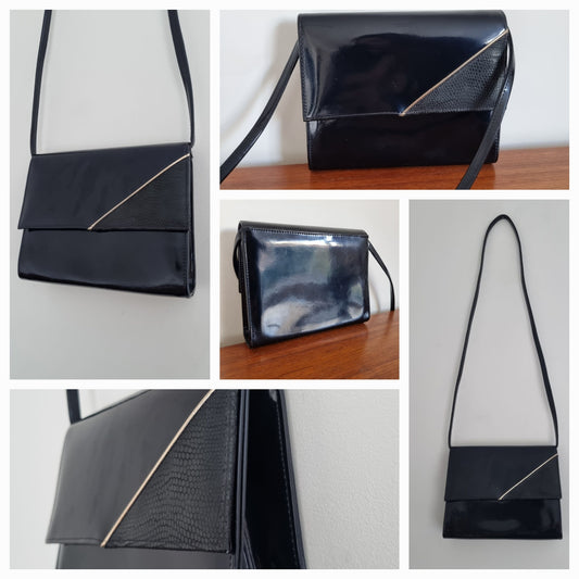 Vintage Envelope Black Patent Shoulder Handbag