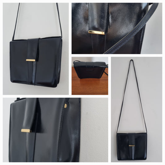 Vintage Navy Blue Classic Leather Shoulder Handbag