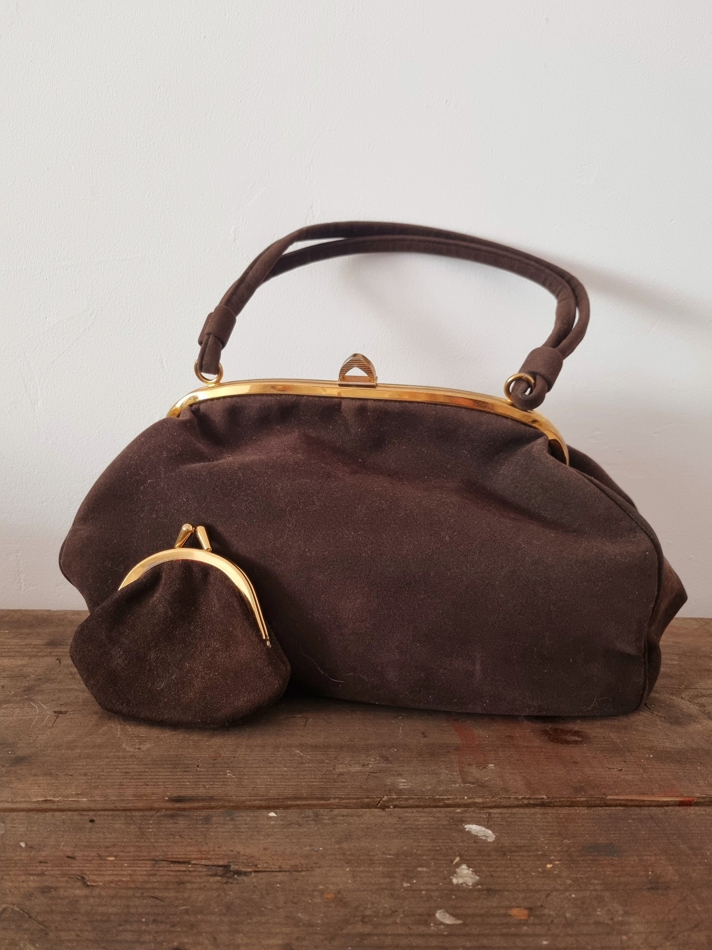 1940s Brown Suede Handbag with Purse. Made in England.