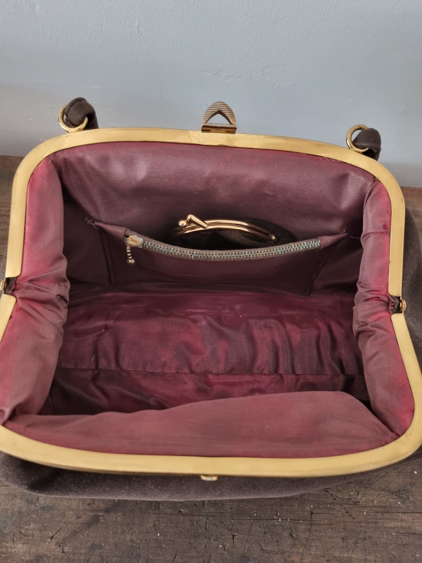 1940s Brown Suede Handbag with Purse. Made in England.