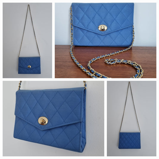 Vintage Chain Quilted Blue Shoulder Handbag