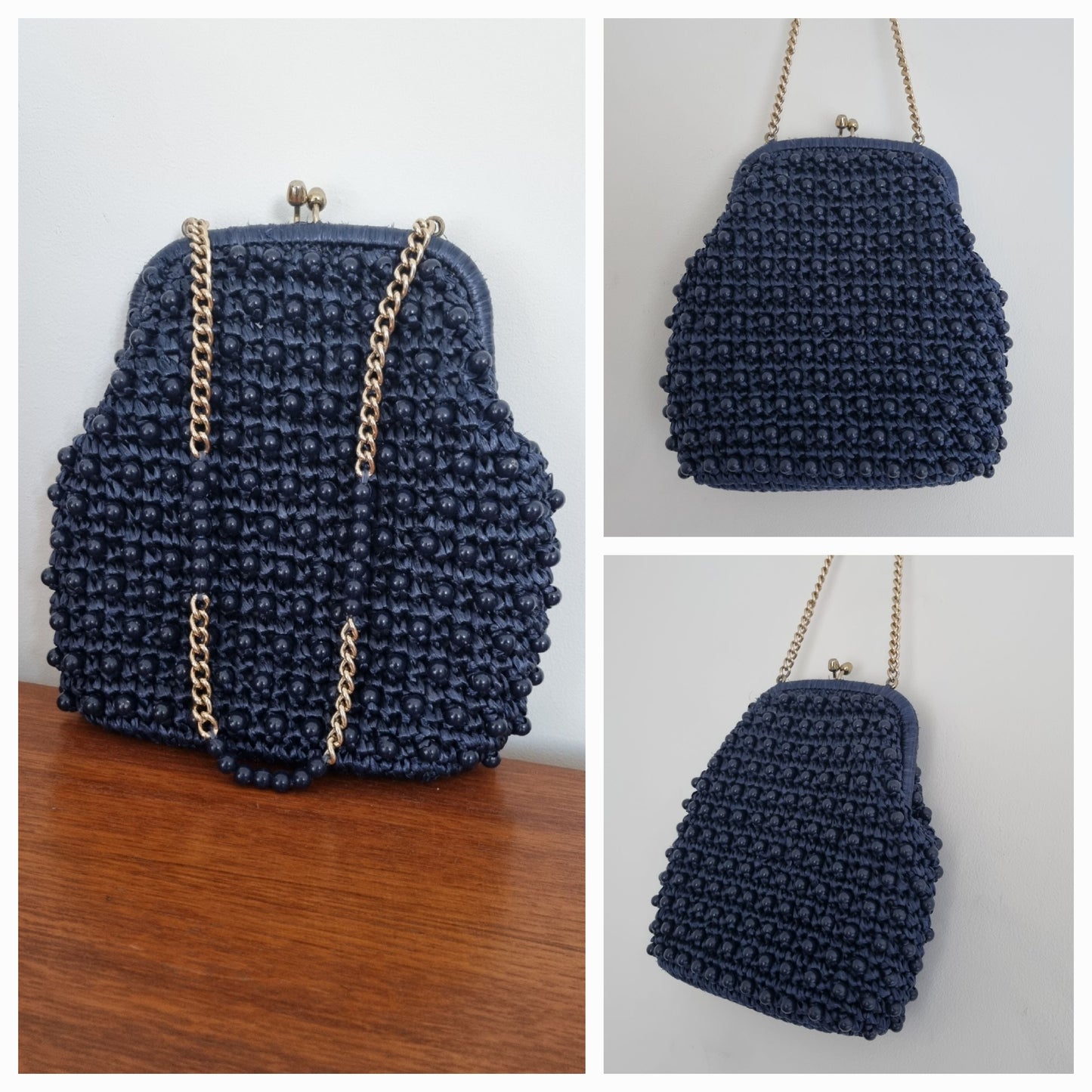 Vintage Navy Beaded Chain Handbag