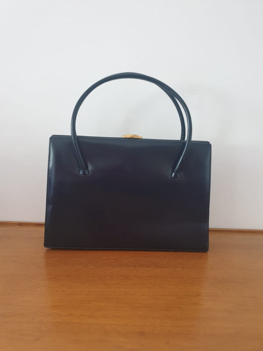 Waldybag Vintage Navy Blue Top Handle Handbag. Flawless Leather Bag. British Made.