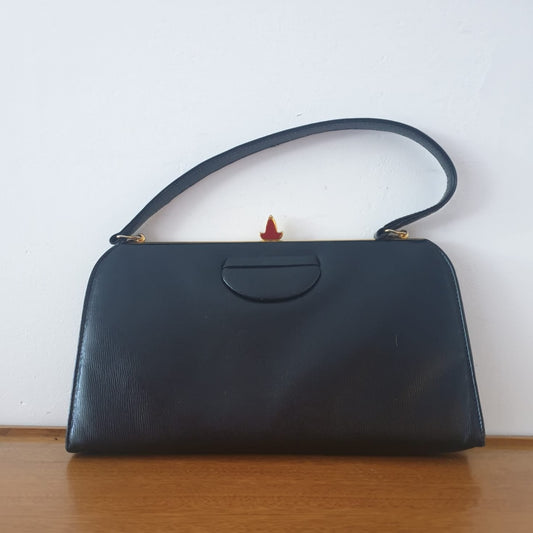 Vintage Black Leather Top Handle Handbag