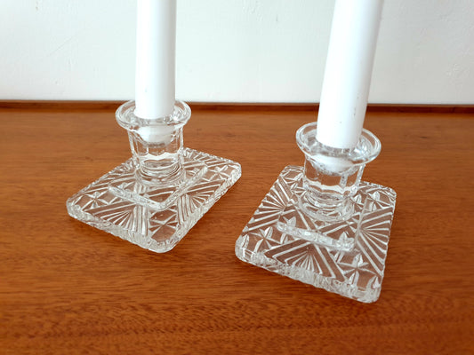 Glass Square Base Candleholder Pair with Candles