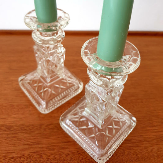 Elegant Etched Yellow Glass Candleholder Pair with Candles