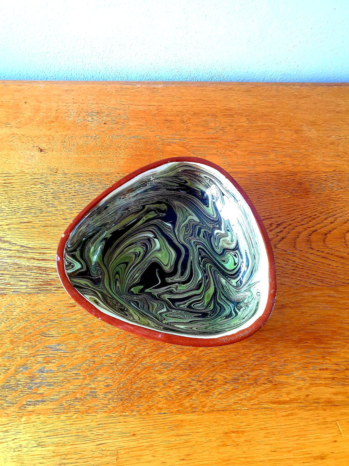 Vintage Green Marbled Handmade Pottery Dish