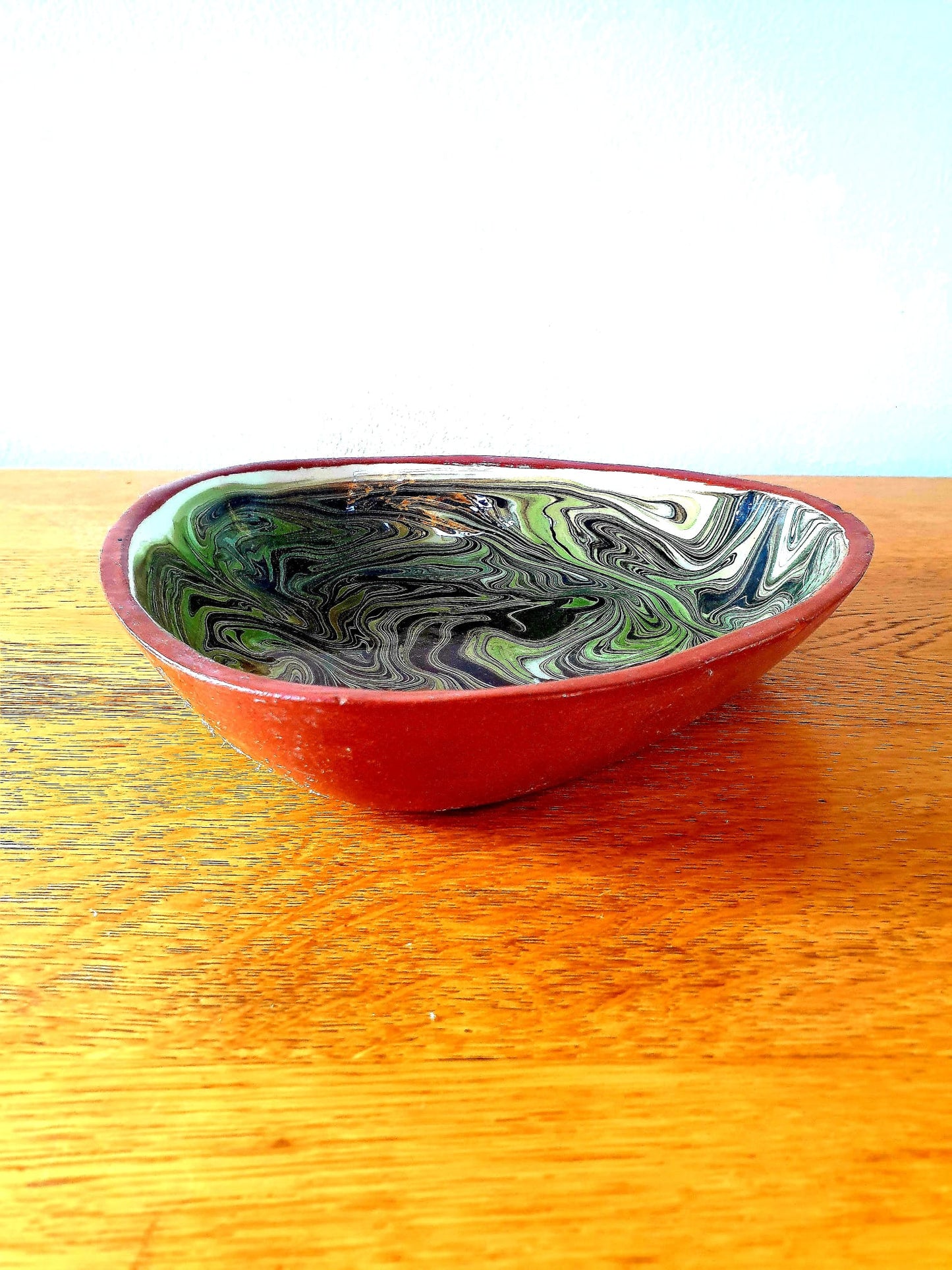 Vintage Green Marbled Handmade Pottery Dish