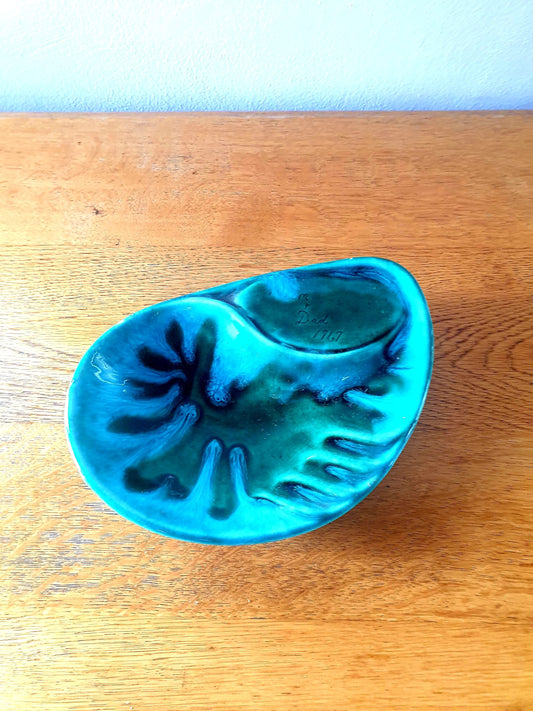 60s Blue Handmade Abstract Pottery Dish 1967