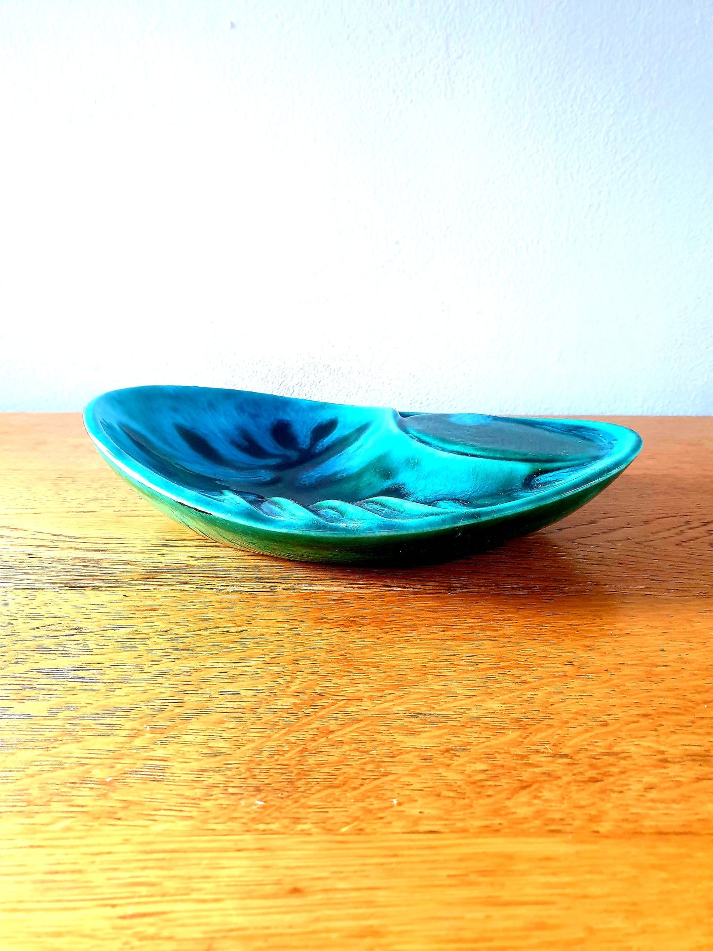 60s Blue Handmade Abstract Pottery Dish 1967