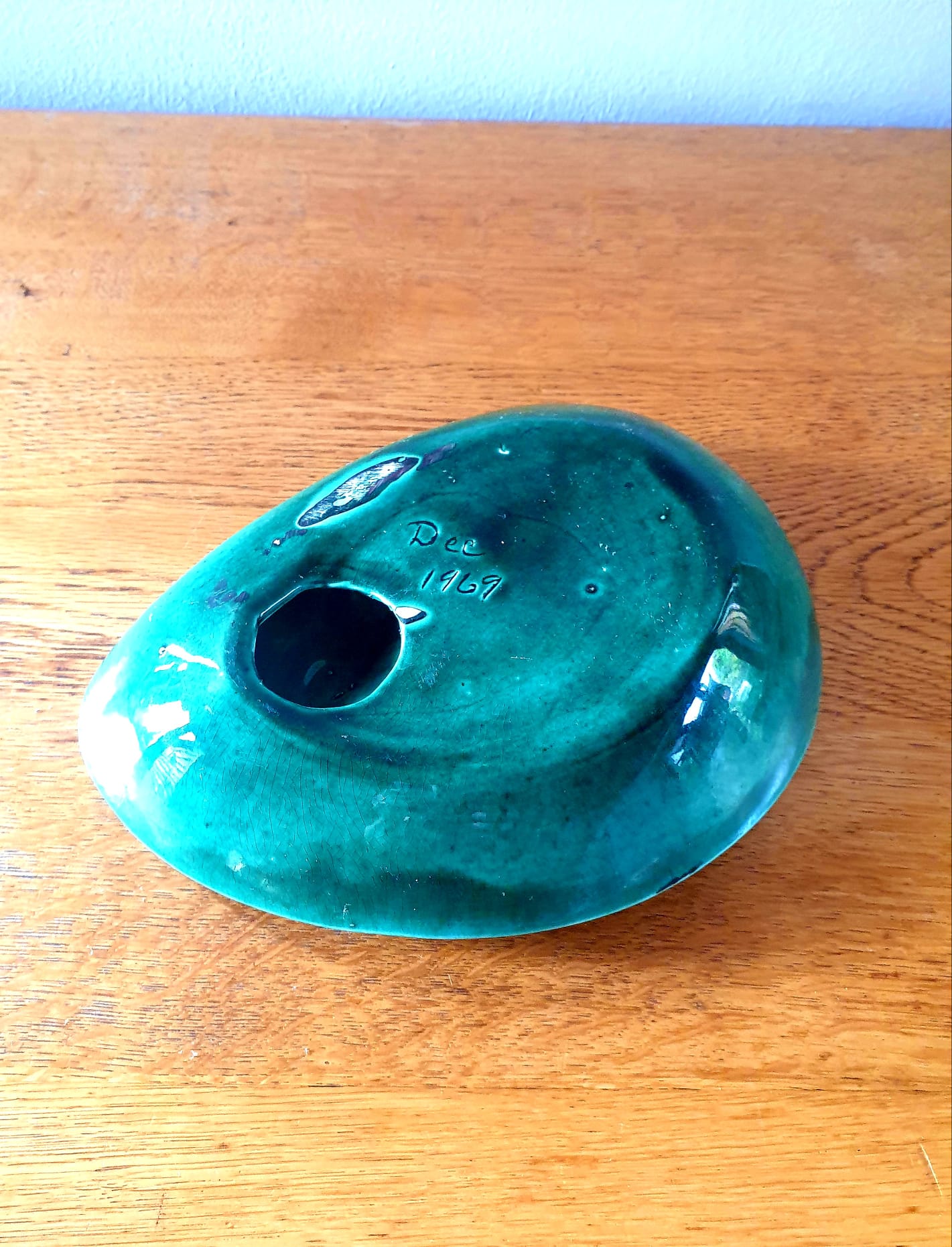 60s Blue Handmade Abstract Pottery Dish 1967