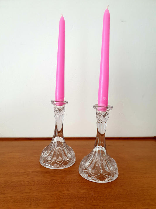 Pair of Glass Column Candlesticks with Candles