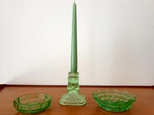 1930s Green Candlestick and Two Dishes Glass Bowls. Dressing table and homeware