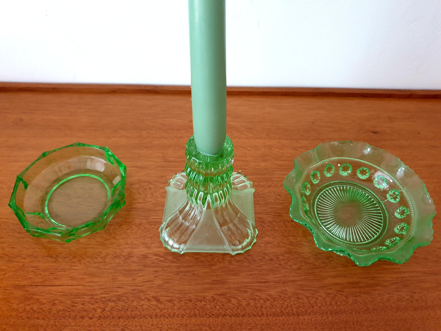 1930s Green Candlestick and Two Dishes Glass Bowls. Dressing table and homeware