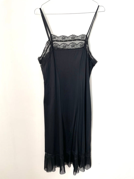 Vintage Black Mid Length Pleated and Lace 1920s Slip Dress