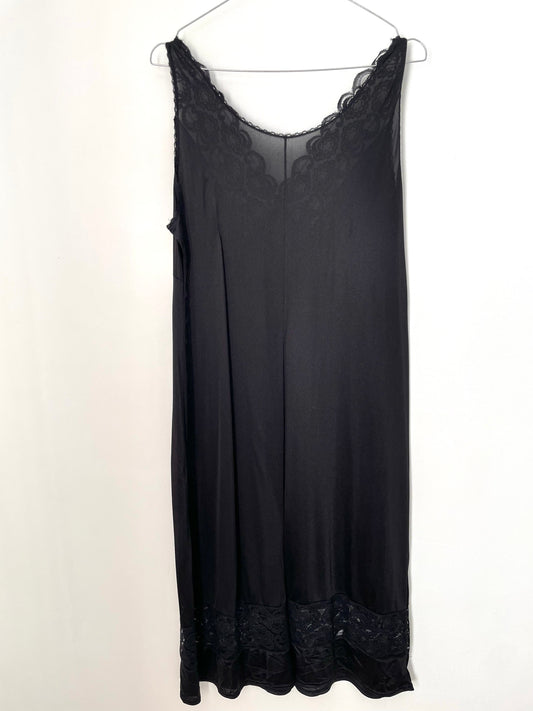 Vintage Midi Plunge Neck Lace Bust Black Slip Dress