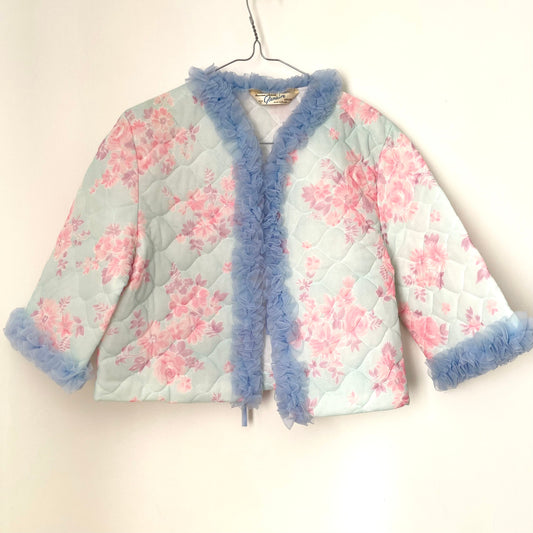 Vintage Glenaire Nylon Cropped Padded Floral Pastel Bed Jacket. Made in England