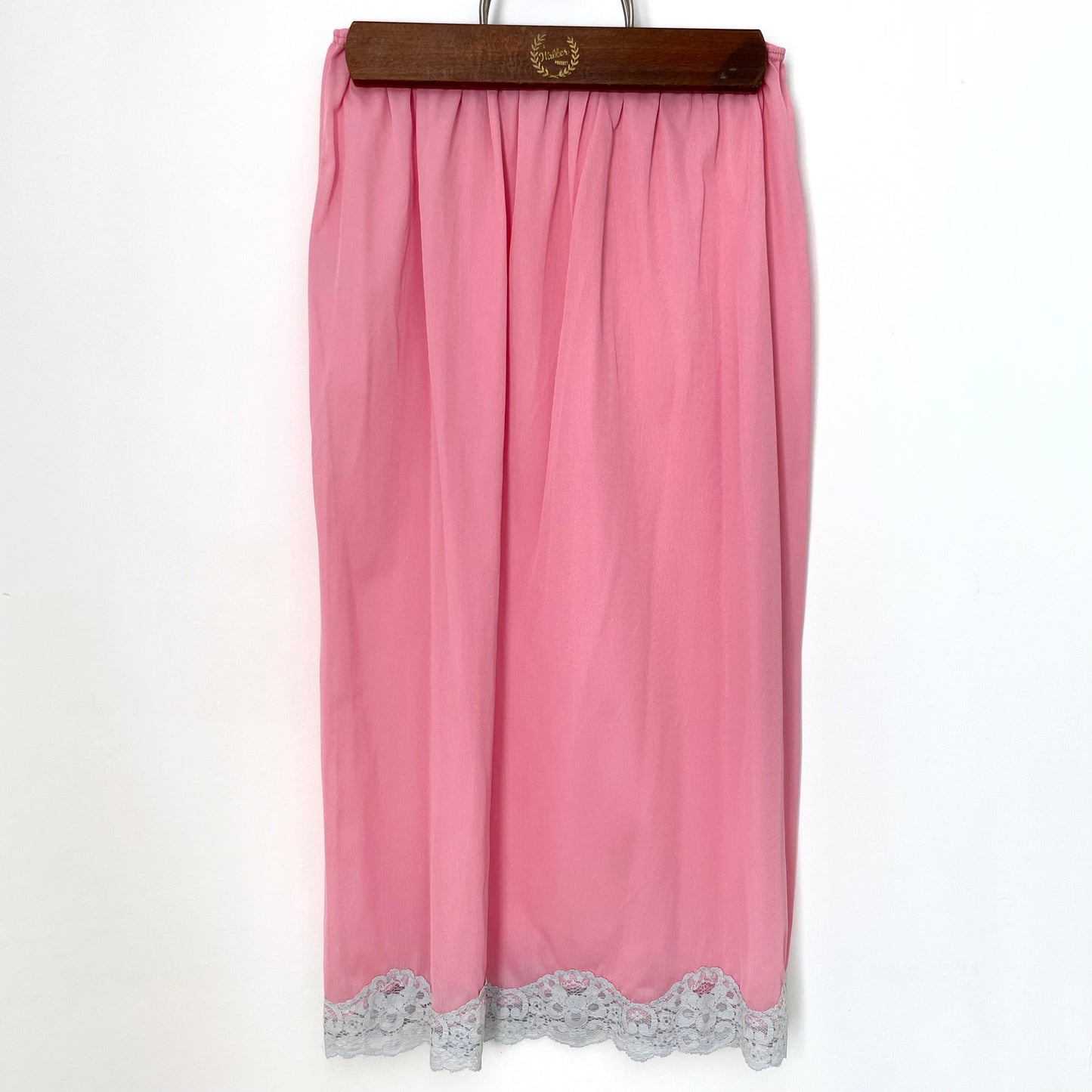 Vintage Pink Nylon Slip Skirt with Blue Lace. Made in the UK