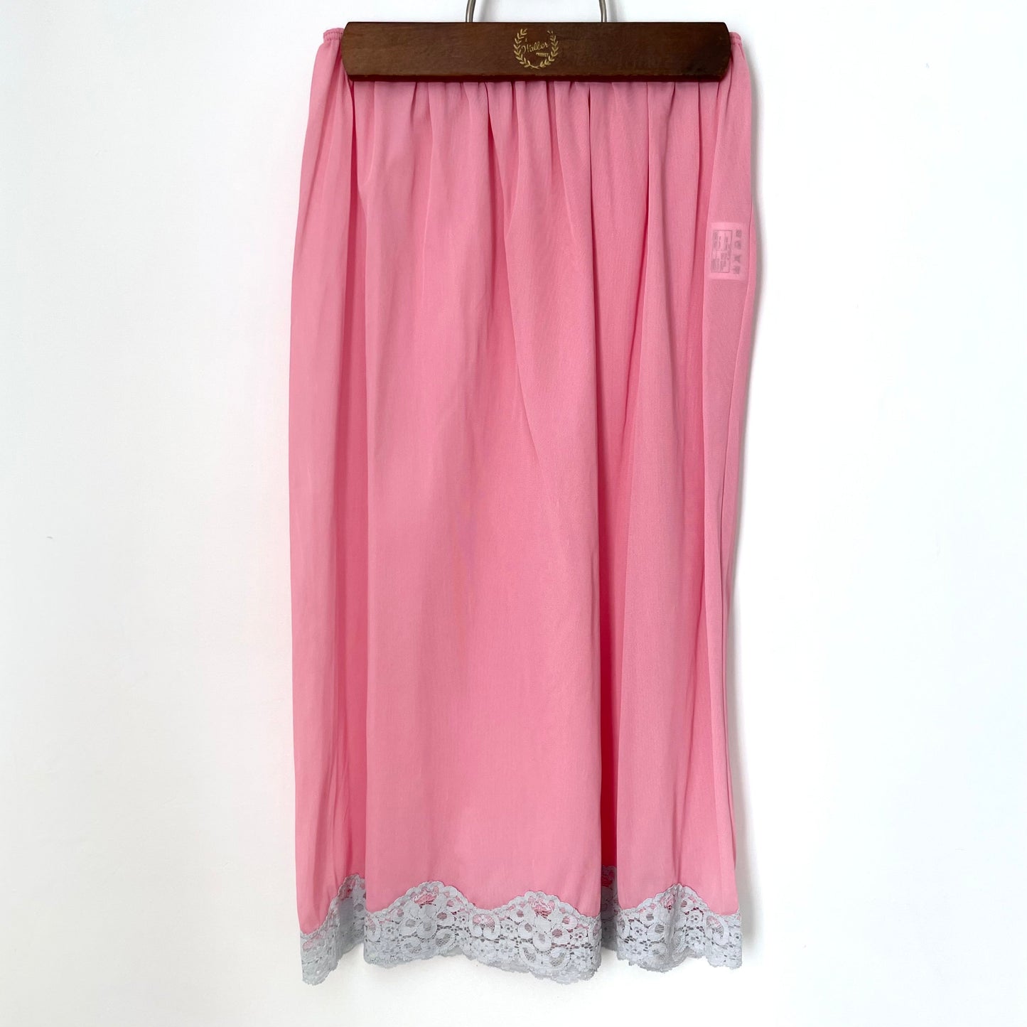 Vintage Pink Nylon Slip Skirt with Blue Lace. Made in the UK