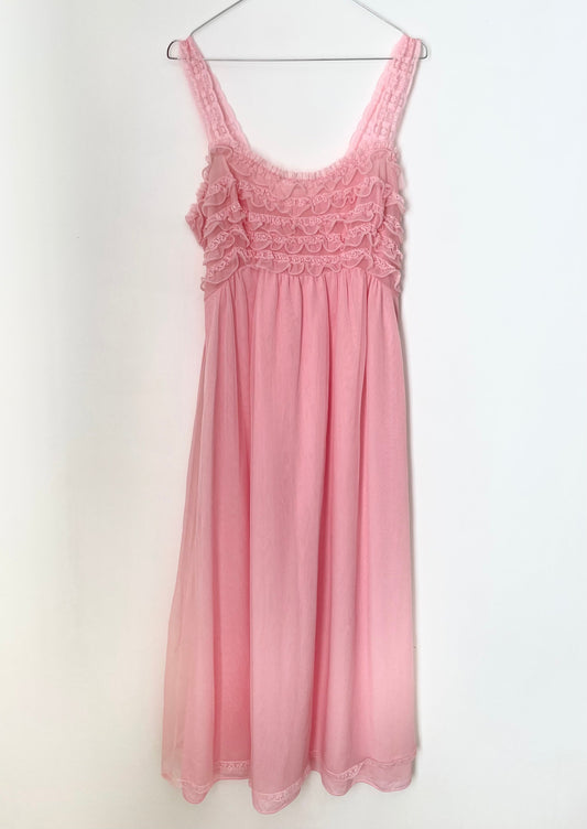 Vintage 50s Pink Ruffled Sleeveless Kayser Slip Dress. Lingerie, Chemise, Babydoll, Sleepwear. Tie waist.