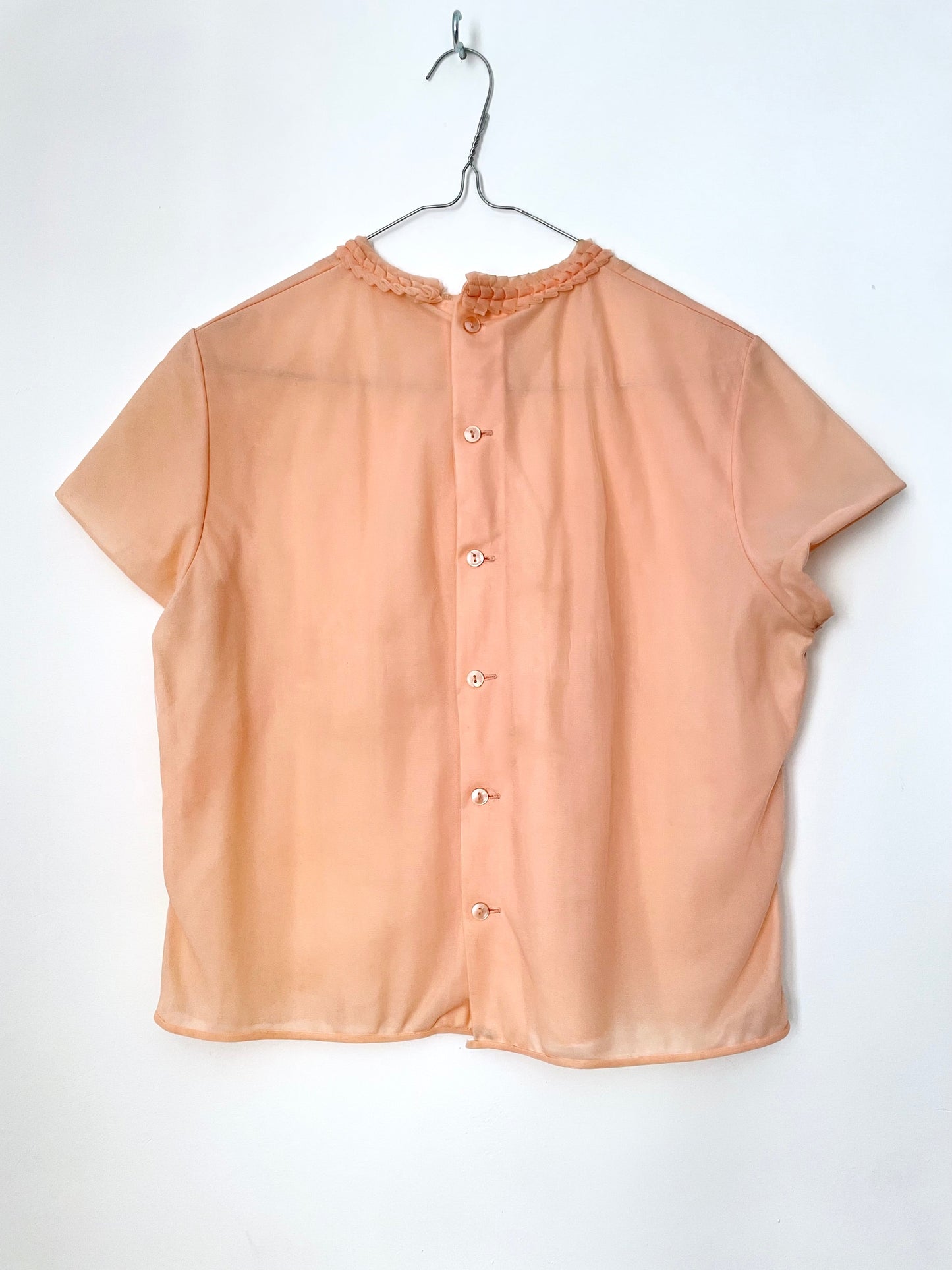 Vintage St Michael Nylon Peach Pink Pleated Button Blouse