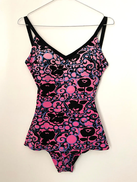 Vintage Pink , Black and Blue Contesa Rose One Piece Swimming Costume