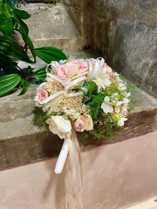 Vintage Pink and White Bridal Bouquet with Wedding Ribbon Detailing & Real Foliage