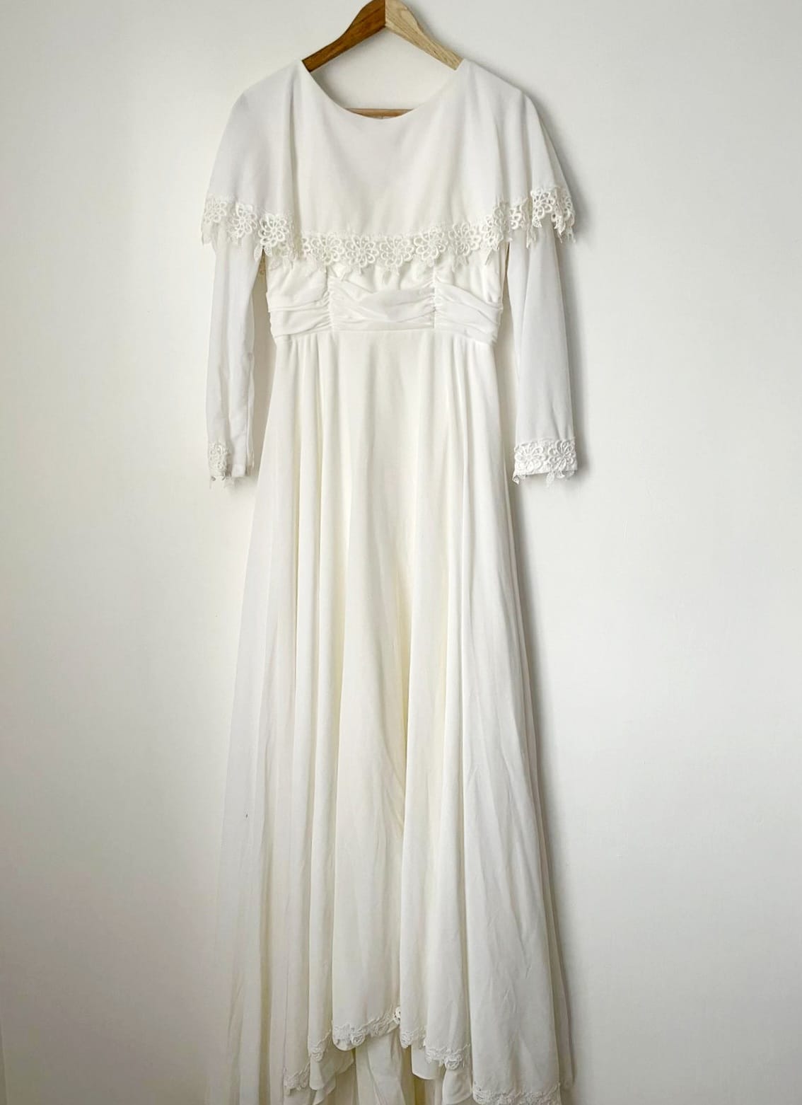 The Heather Wedding Dress. Vintage White Longsleeve Cape Bridal Dress with Waterfall Hem, Sweep Train and Floral Details