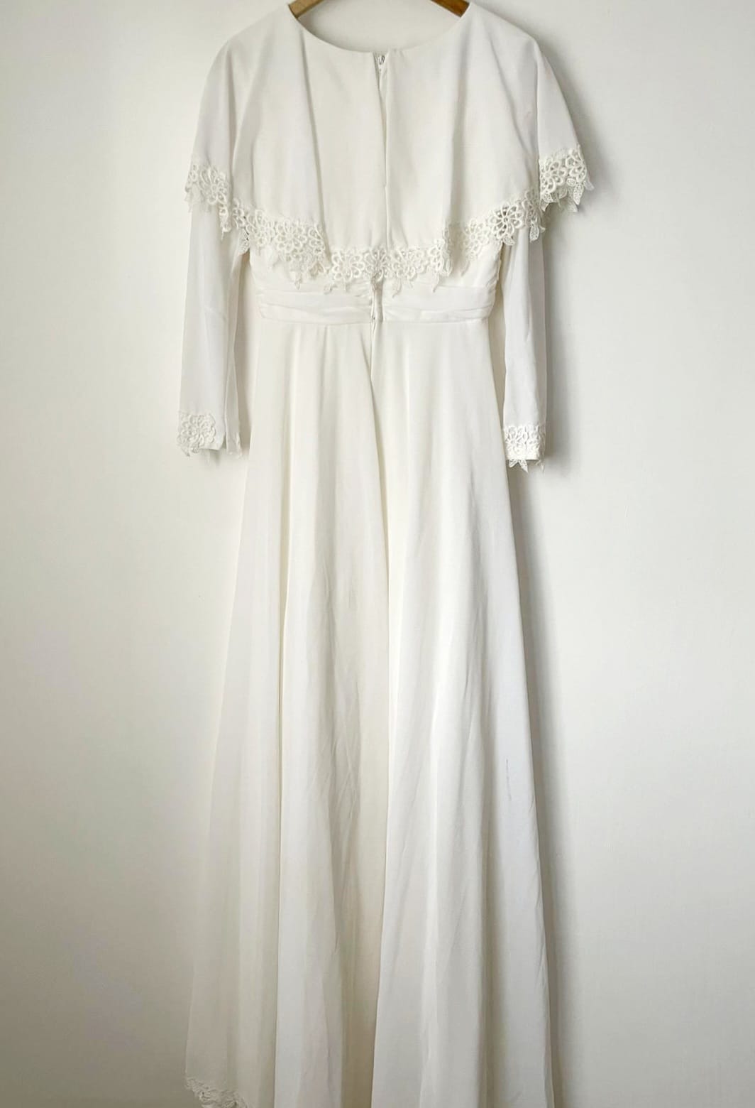 The Heather Wedding Dress. Vintage White Longsleeve Cape Bridal Dress with Waterfall Hem, Sweep Train and Floral Details