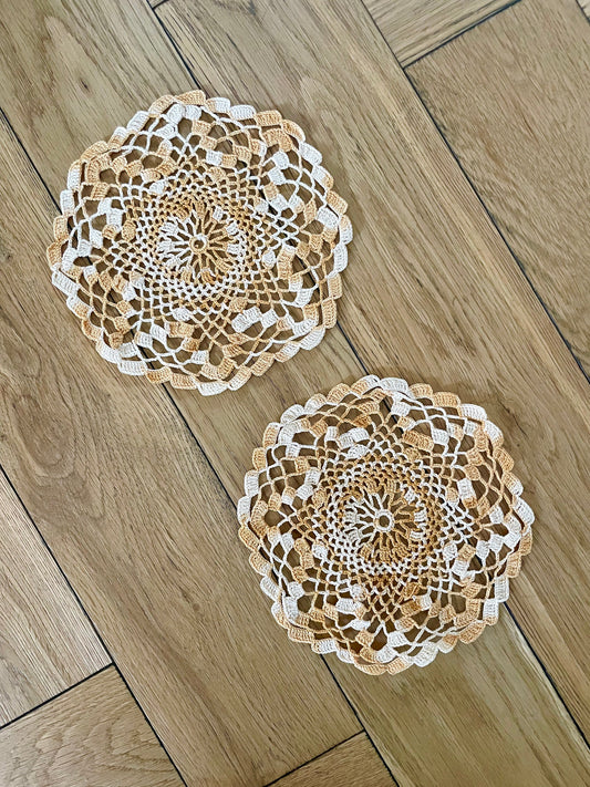 Vintage Pair of Handmade Orange Two Tone Patterned Doilies  - Antique, Home Decor, Table, Lace, Crochet