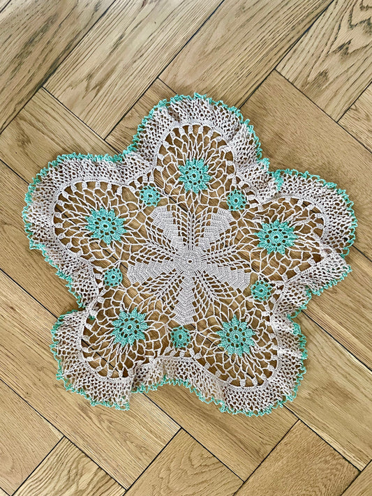 Vintage Green and Taupe Five Point Star Handmade Jug Cover Doily  - Antique, Home Decor, Table, Lace, Crochet