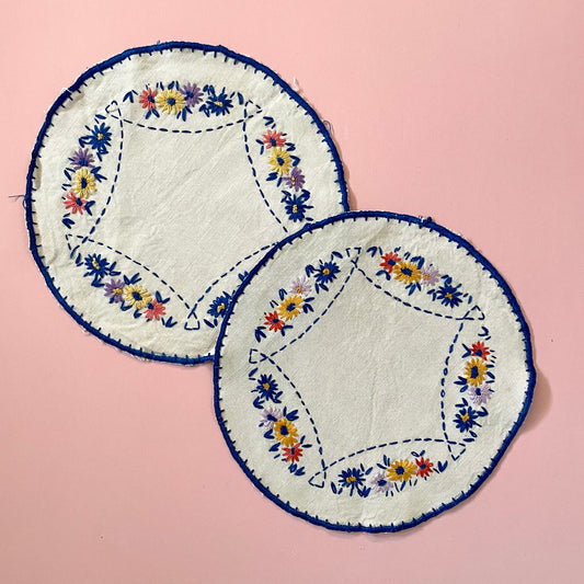 Vintage Pair of Hand Embroidered Round Cream Blue and Orange Floral Dressing Table Mats -Home, Linen, Haberdashery, Craft, Antique