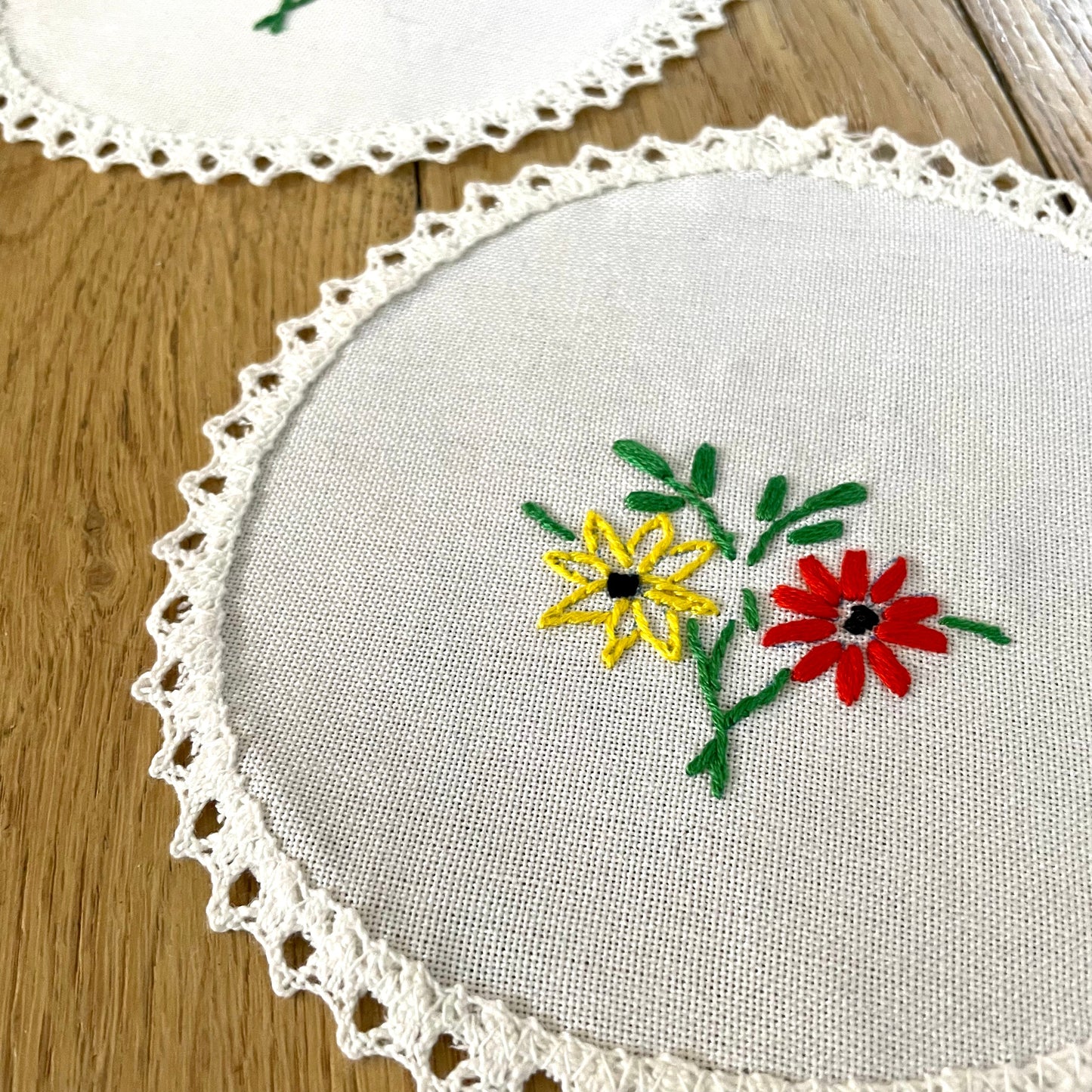 Vintage White Circular Handmade and Hand Embroidered Floral Red and Yellow Dressing Table Cloth - Linen, Haberdashery, Craft, Antique