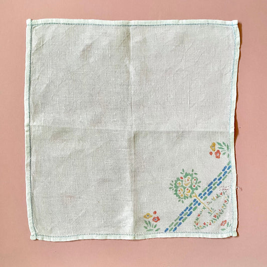 Vintage White Square Hankerchief with Printed Rose Garden Pattern. Ready to be Sewn - Linen, Haberdashery, Craft, Antique