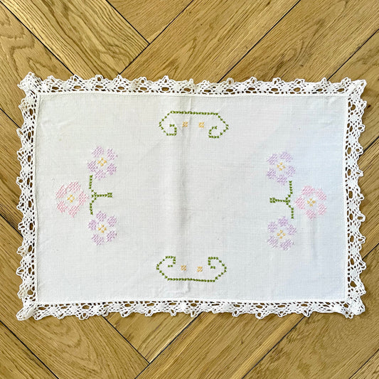 Vintage White Lace Handmade Floral Cross Stitch Square Dressing Table Cloth - Linen, Haberdashery, Craft, Antique, Embroidered