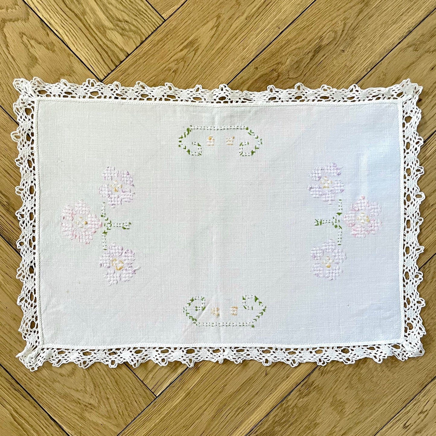 Vintage White Lace Handmade Floral Cross Stitch Square Dressing Table Cloth - Linen, Haberdashery, Craft, Antique, Embroidered