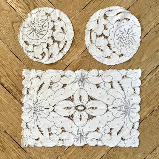 Vintage Three Piece Cutwork Grey and White Floral Dressing Table Set. Circular and Rectangular - Linen, Haberdashery, Craft, Antique