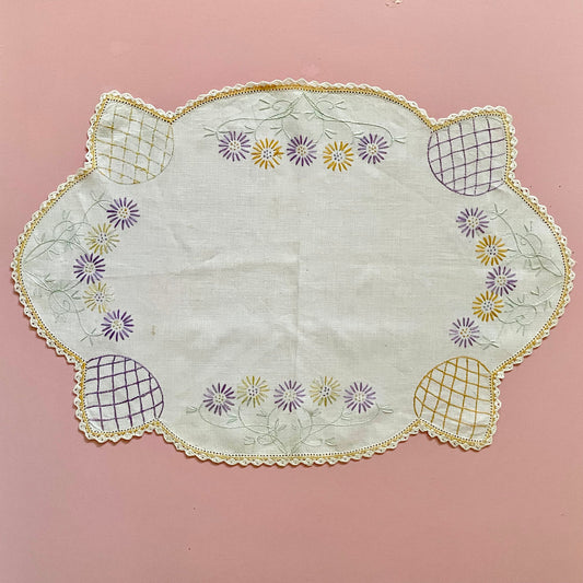 Vintage Oval Cream and Pastel Floral Hand Embroidered Dressing Table Cloth - Linen, Haberdashery, Craft, Antique