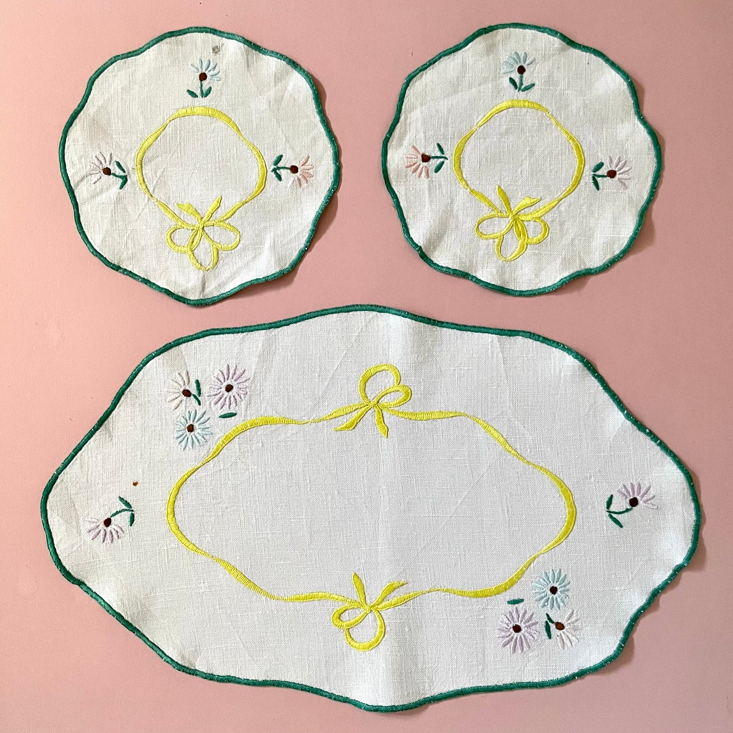 Vintage White Three Piece Oval Hand Embroidered Dressing Table Set with Yellow Ribbon and Green Detailing - Haberdashery, Craft, Antique