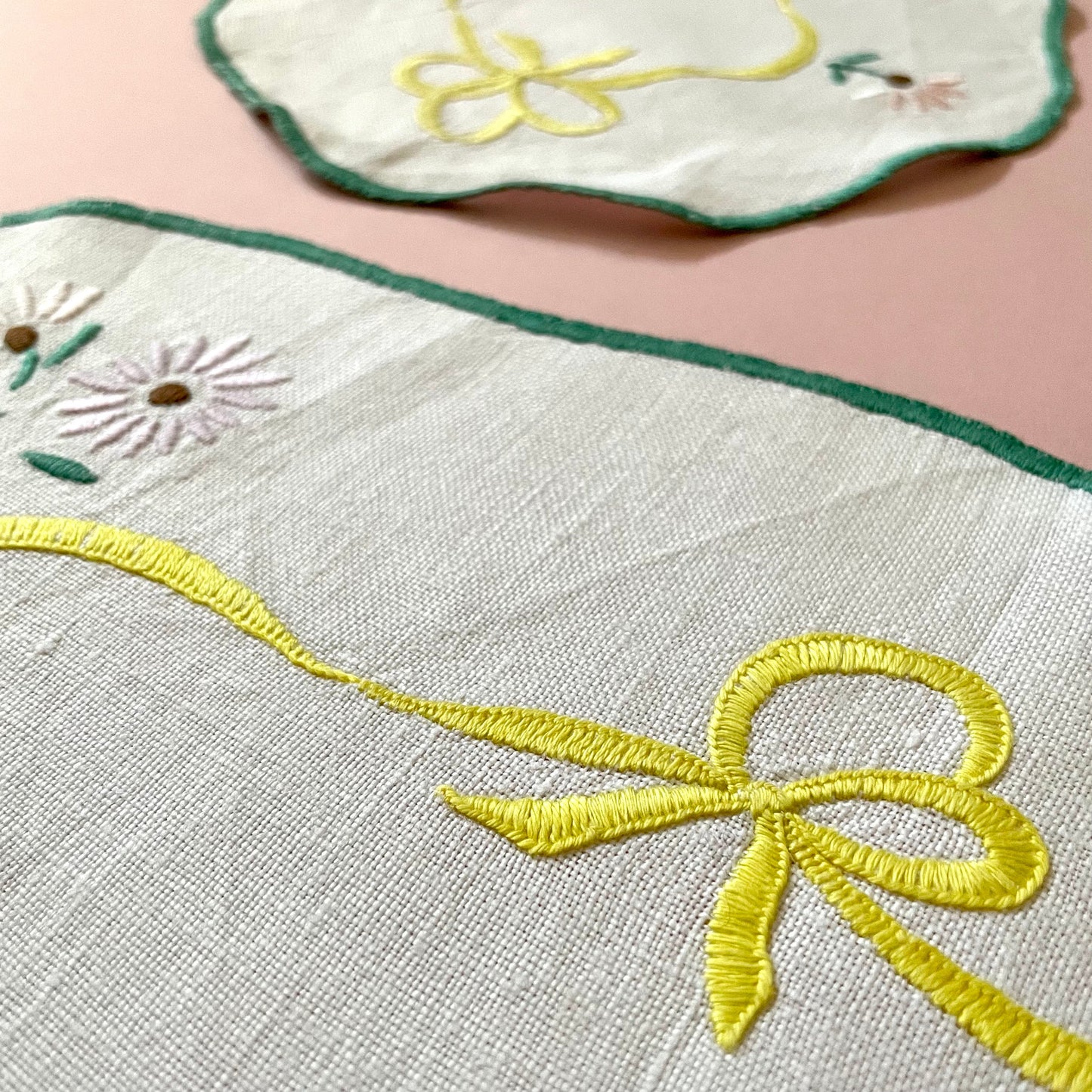 Vintage White Three Piece Oval Hand Embroidered Dressing Table Set with Yellow Ribbon and Green Detailing - Haberdashery, Craft, Antique