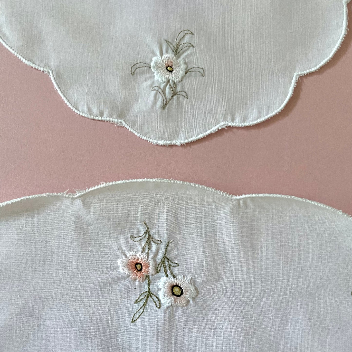 Vintage Two Piece White with Pink Embroidered Flowers Scallop Edge Dressing Table Set - Linen, Haberdashery, Craft, Antique, Embroidered