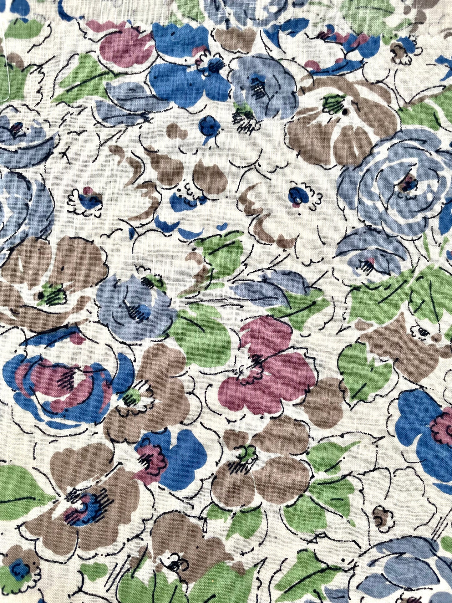 Vintage White, Blue, Purple and Green Floral Sketch Remnant Fabric by Liberty London. 3 Pieces- Haberdashery, Craft, Sewing, Scraps, Retro